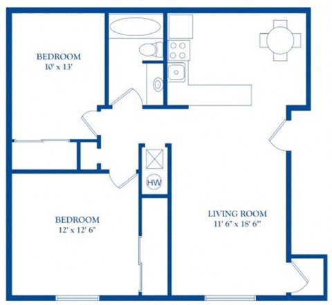 Floor plan for 2 beds, 1 bath, 824 sqft